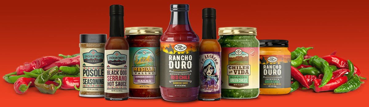 Zia Chile Traders family of products surrounded by chiles