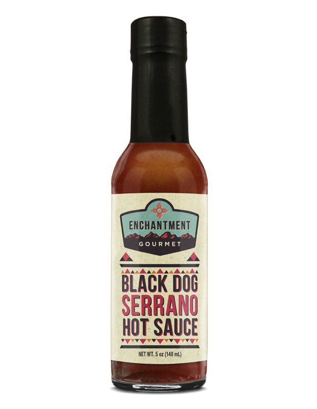 Black Dog Serrano hot sauce bottle