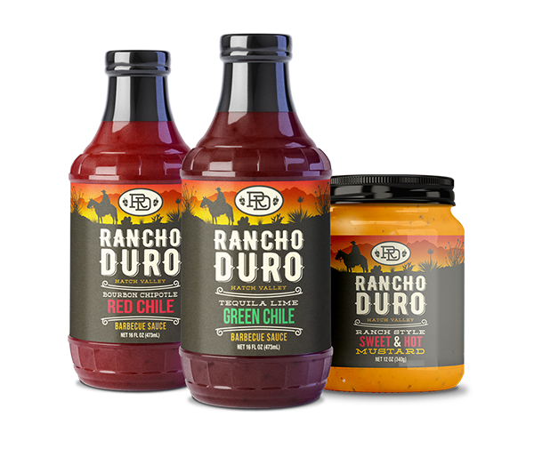 Rancho Duro barbecue sauce bottles and mustard jars